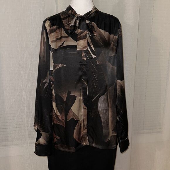 ALL SAINTS US10 Toni Iris Silk Blend Button Front Neck Tie Long Sleeve Shirt - Picture 13 of 17